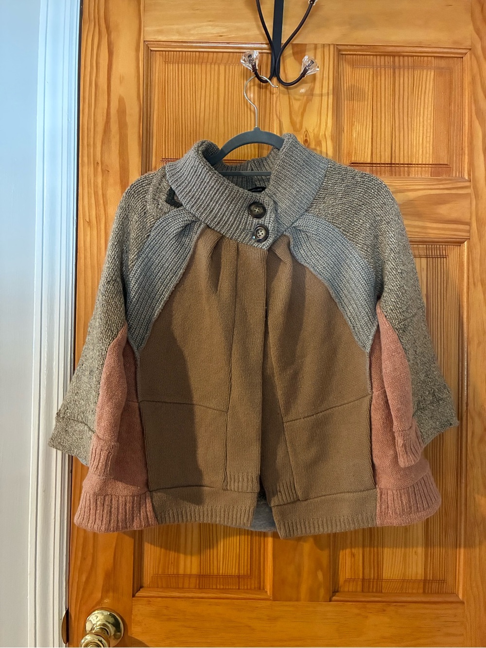 Colorblock Knit-Trim Cape Sweater in Gray, Brown & Pink
